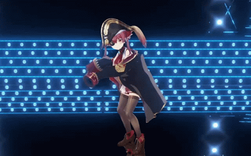 A Girl In A Pirate Outfit Is Dancing In Front Of A Blue Background GIF