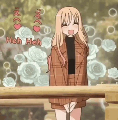 a girl in a plaid jacket is standing next to a wooden railing with flowers in the background .
