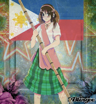 A Girl In A Plaid Skirt Is Holding A Bamboo Pole In Front Of A Flag GIF