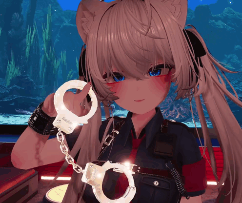 A Girl In A Police Uniform Is Holding A Pair Of Handcuffs With The Word Justice On It GIF