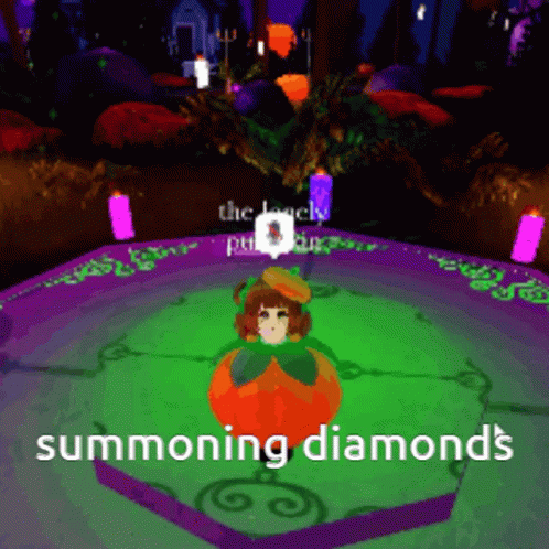 A Girl In A Pumpkin With The Words Summoning Diamonds Written On The Bottom GIF