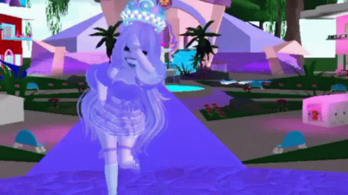 A Girl In A Purple Dress And Tiara Is Standing In A Park . GIF