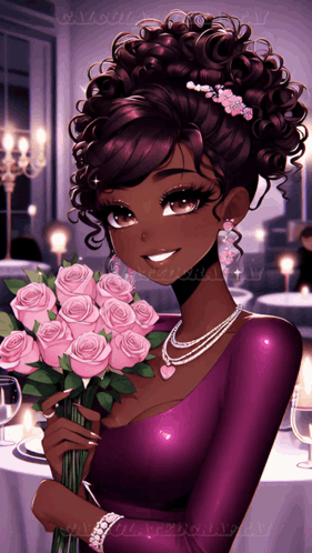 A Girl In A Purple Dress Holding A Bouquet Of Pink Roses GIF