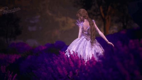 A Girl In A Purple Dress Is Holding A Bouquet Of Purple Flowers . GIF