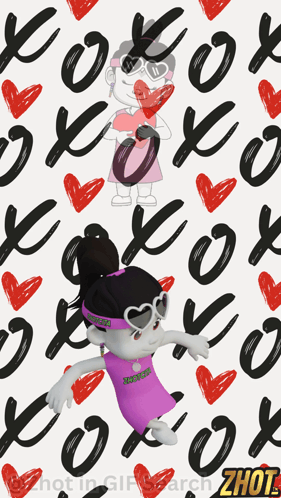 A Girl In A Purple Dress Is Holding A Heart In Front Of A Pattern Of Hearts And The Word Zhou On The Bottom GIF