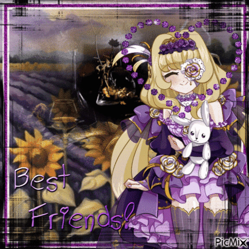 A Girl In A Purple Dress Is Holding A Stuffed Bunny With The Words Best Friends Written On It GIF