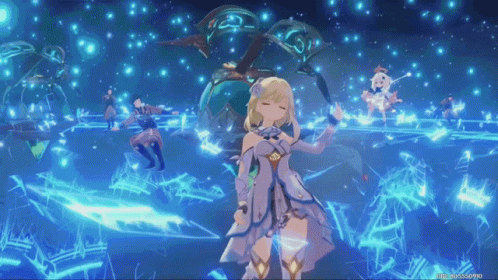 A Girl In A Purple Dress Is Holding A Sword In Her Hand In A Video Game . GIF
