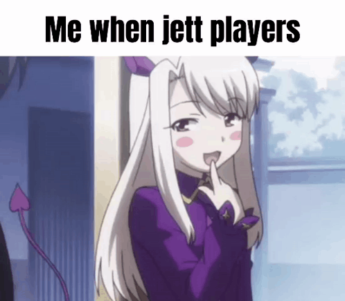 A Girl In A Purple Dress Is Making A Funny Face And Says Me When Jett Players GIF