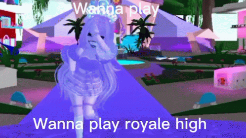 A Girl In A Purple Dress Is Standing In A Park With The Words Wanna Play Royale High On The Bottom . GIF