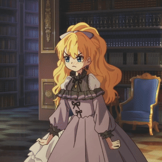 A Girl In A Purple Dress Is Standing In A Room GIF