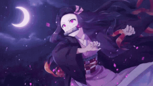 A Girl In A Purple Dress Is Standing In Front Of A Crescent Moon In The Night Sky . GIF