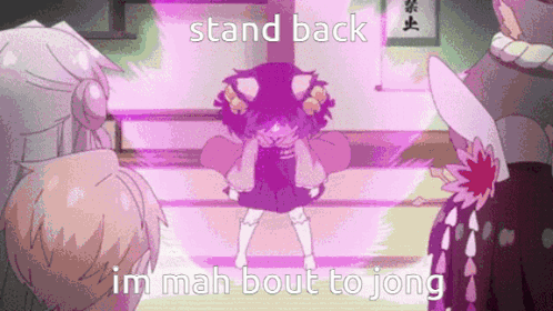 A Girl In A Purple Dress Is Standing In Front Of A Group Of People With The Words `` Stand Back Im Mah Bout To Jong '' . GIF