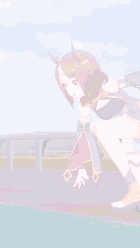 A Girl In A Purple Dress Is Standing On A Track With Her Eyes Closed . GIF