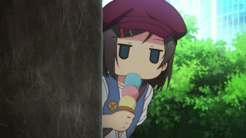 A Girl In A Purple Hat Is Holding An Ice Cream Cone And Making A Funny Face GIF