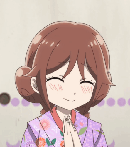 A Girl In A Purple Kimono Is Smiling With Her Hands Folded GIF