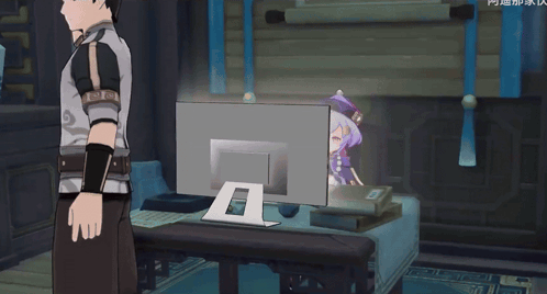 a girl in a purple outfit is standing in front of a computer monitor