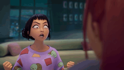 A Girl In A Purple Shirt Has Her Arms Outstretched And Looks Angry GIF