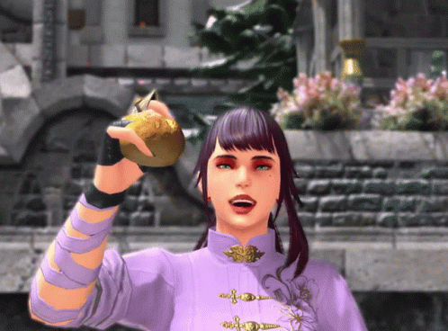 A Girl In A Purple Shirt Is Holding A Gold Object In Her Hand GIF