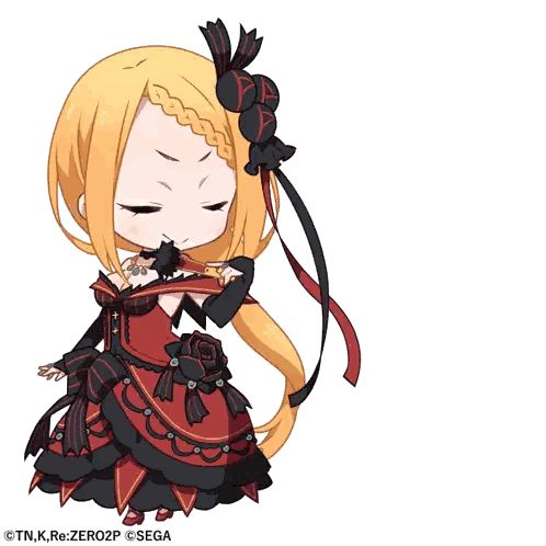 a girl in a red and black dress is holding a fan and says ctn.k.re.zero2p sega