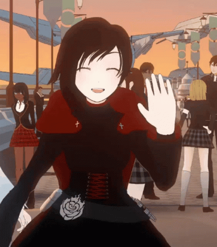A Girl In A Red And Black Dress With A White Rose On The Waist Is Waving GIF
