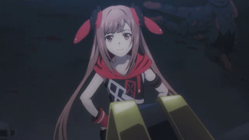A Girl In A Red And Black Outfit With The Letter M On It GIF