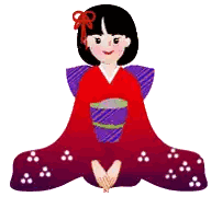a girl in a red and purple kimono sits on the floor