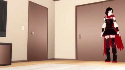 A Girl In A Red Cape Is Standing In A Room Next To A Door GIF