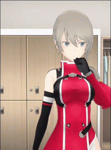 A Girl In A Red Dress And Black Gloves Stands In Front Of Lockers GIF