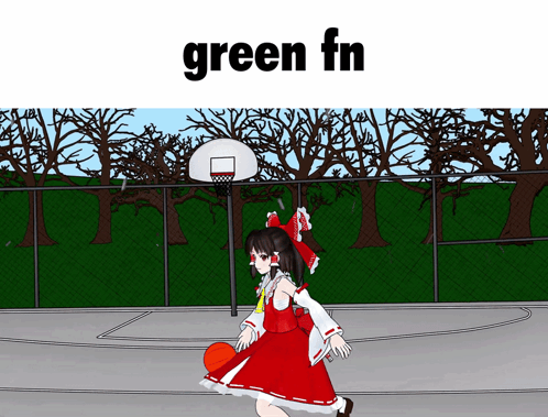 a girl in a red dress is dribbling a basketball on a court with the words green fn above her