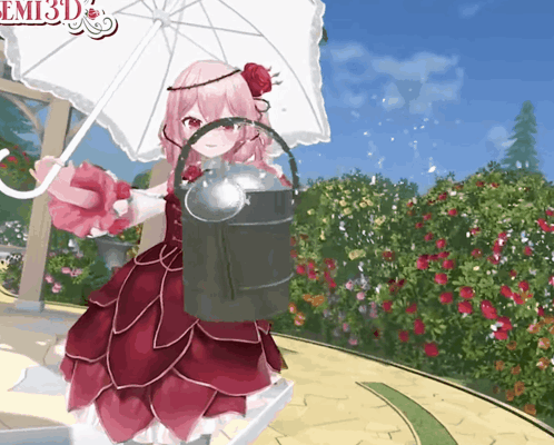 A Girl In A Red Dress Is Holding A White Umbrella And A Bucket GIF