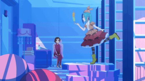 A Girl In A Red Dress Is Holding An Ice Cream Cone While Another Girl Sits In A Chair GIF
