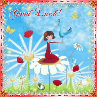 A Girl In A Red Dress Is Sitting On A Flower With A Bird And The Words " Good Luck " On The Bottom GIF