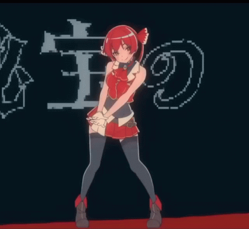 A Girl In A Red Dress Is Standing In Front Of A Black Background With Hearts And The Letter T GIF