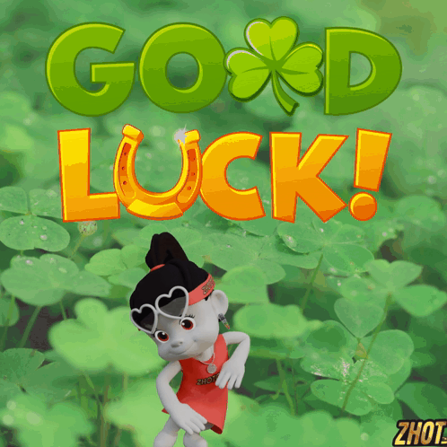 A Girl In A Red Dress Is Standing In Front Of A Green Background With The Words Good Luck GIF