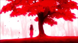 A Girl In A Red Dress Is Standing Under A Red Tree GIF