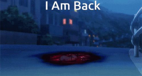 A Girl In A Red Dress Is Surrounded By Bullet Holes And The Words I Am Back GIF