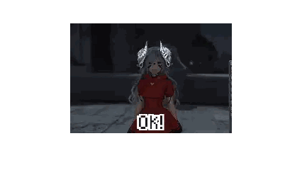 a girl in a red dress says ok in a video game