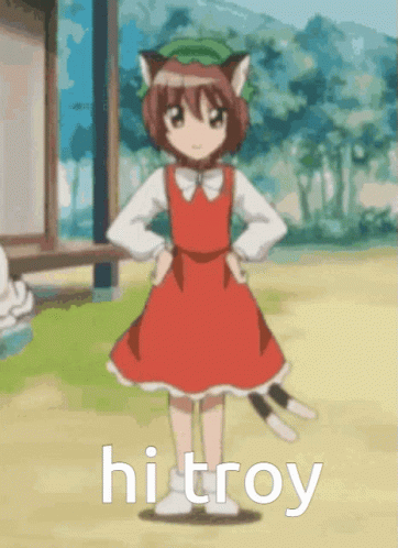 A Girl In A Red Dress With A Cat Ear And The Words Hi Troy On The Bottom GIF