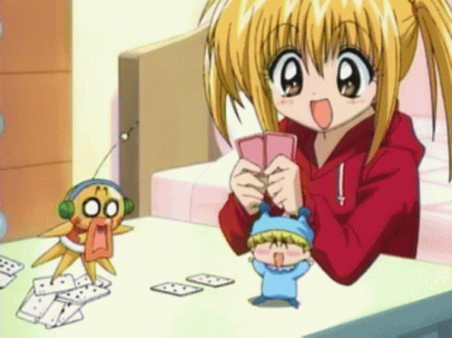 A Girl In A Red Hoodie Is Playing A Game Of Dominoes With A Cartoon Character GIF