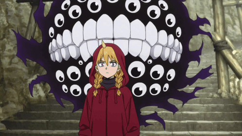 a girl in a red hoodie is standing in front of a monster with a huge mouth