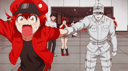 A Girl In A Red Jacket Is Standing Next To A Man In A White Uniform With Chinese Writing On His Hat GIF