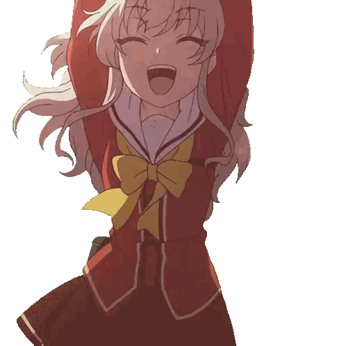 a girl in a red jacket with a yellow bow has her arms outstretched