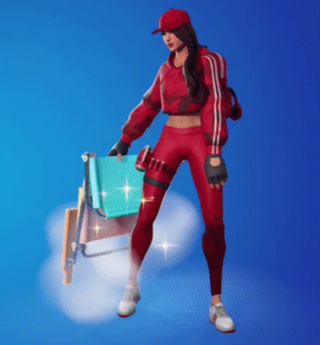 A Girl In A Red Outfit Is Holding A Chair GIF