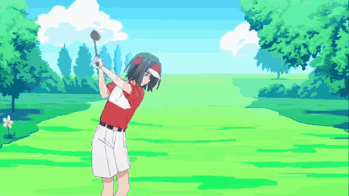 A Girl In A Red Shirt Is Swinging A Golf Club GIF