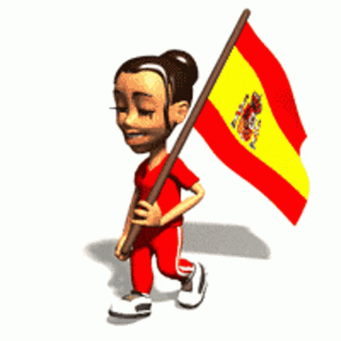 A Girl In A Red Shirt Is Walking With A Spanish Flag GIF