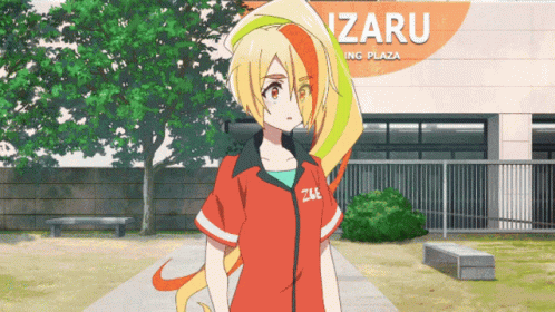 A Girl In A Red Shirt Stands In Front Of A Building That Says Izaru GIF