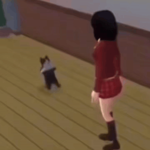 A Girl In A Red Skirt Is Standing Next To A Black And White Cat On A Wooden Floor . GIF