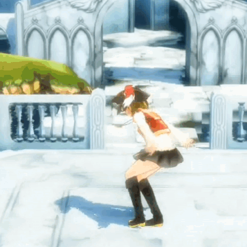 A Girl In A Red Top And Black Skirt Is Standing On A Snowy Surface GIF