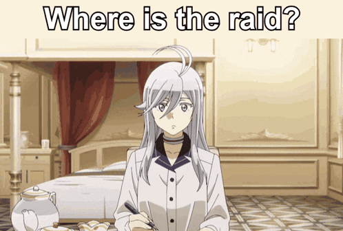 A Girl In A Room With The Words " Where Is The Raid " On The Bottom GIF