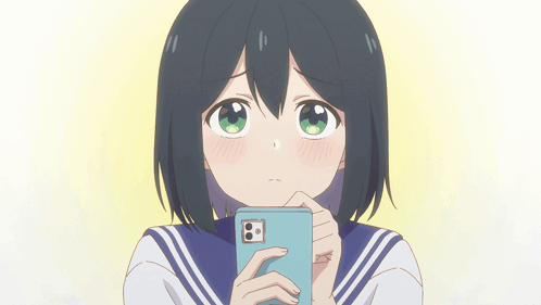 A Girl In A Sailor Suit Is Holding A Cell Phone With The Number 8 On It GIF